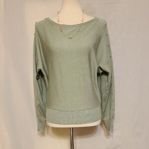 Tahari Light Green Beaded Embellished Sleeves Crew Neck Sweater